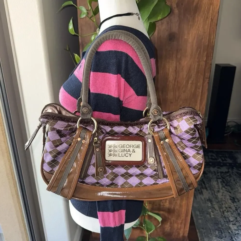 George Gina & Lucy rare Vtg 90s purple &brown argyle handbag with brown leather